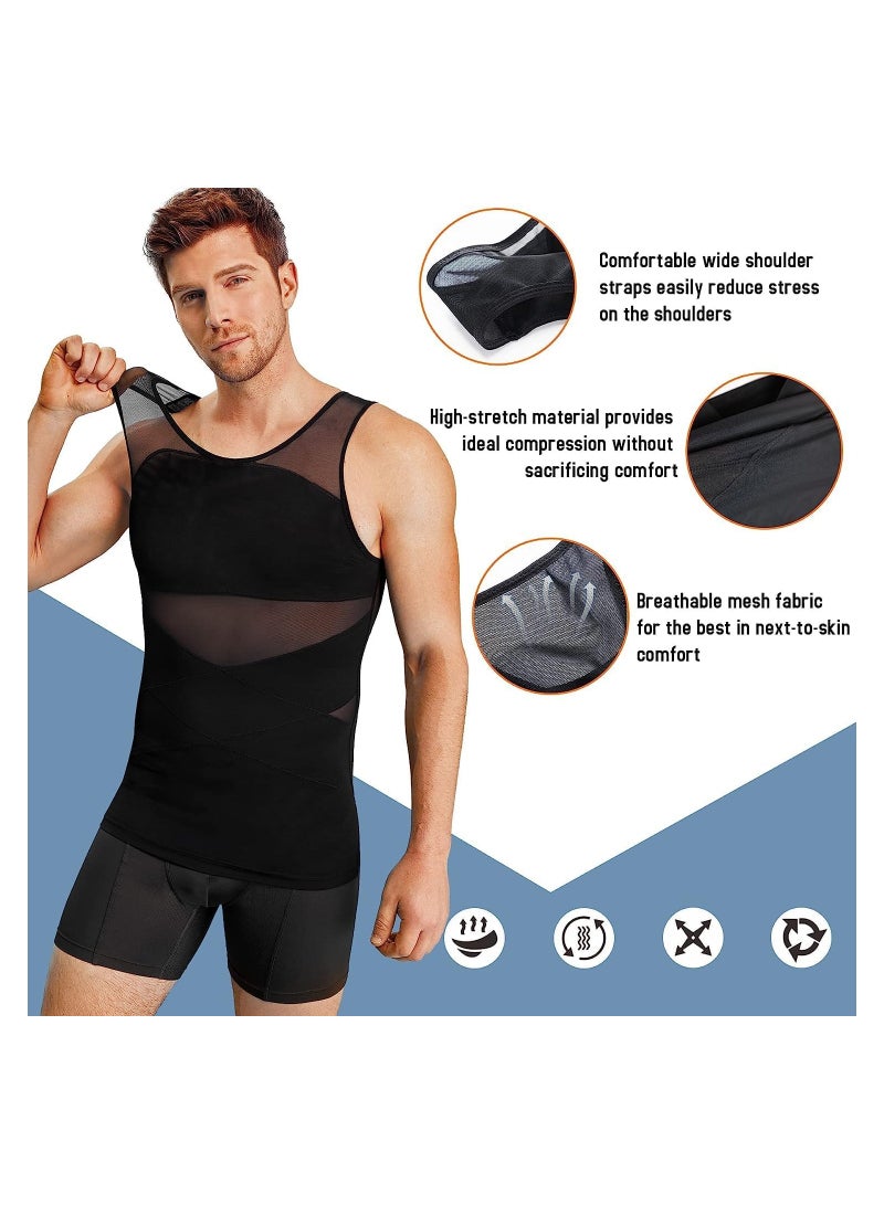 Compression Shirts for Men Slimming, Workout Mesh Tank Top Undershirts Shapewear Tight Tummy Underwear, Sleeveless Slimming Vest Men, Black - XL Size