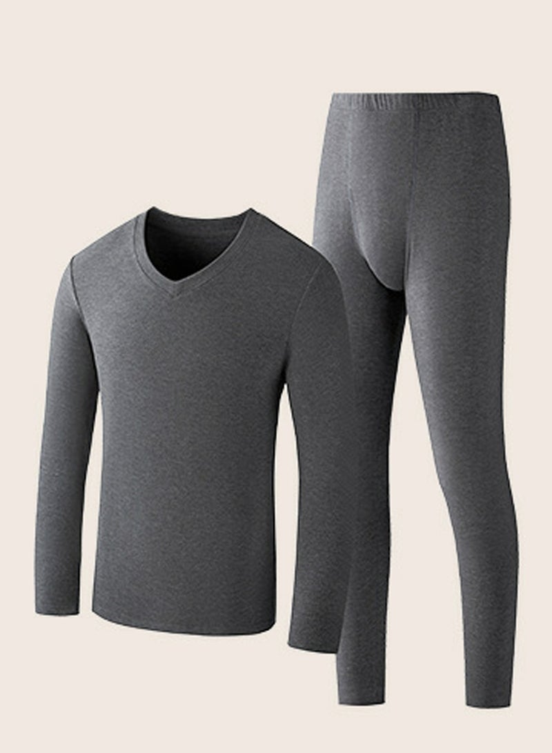 Mens Solid Color Skin Friendly Thick Long Johns Fleese And V-Neck Thermal Underwear Set, 2 Piece Cold Weather Base Layer Set for Men Dark Grey