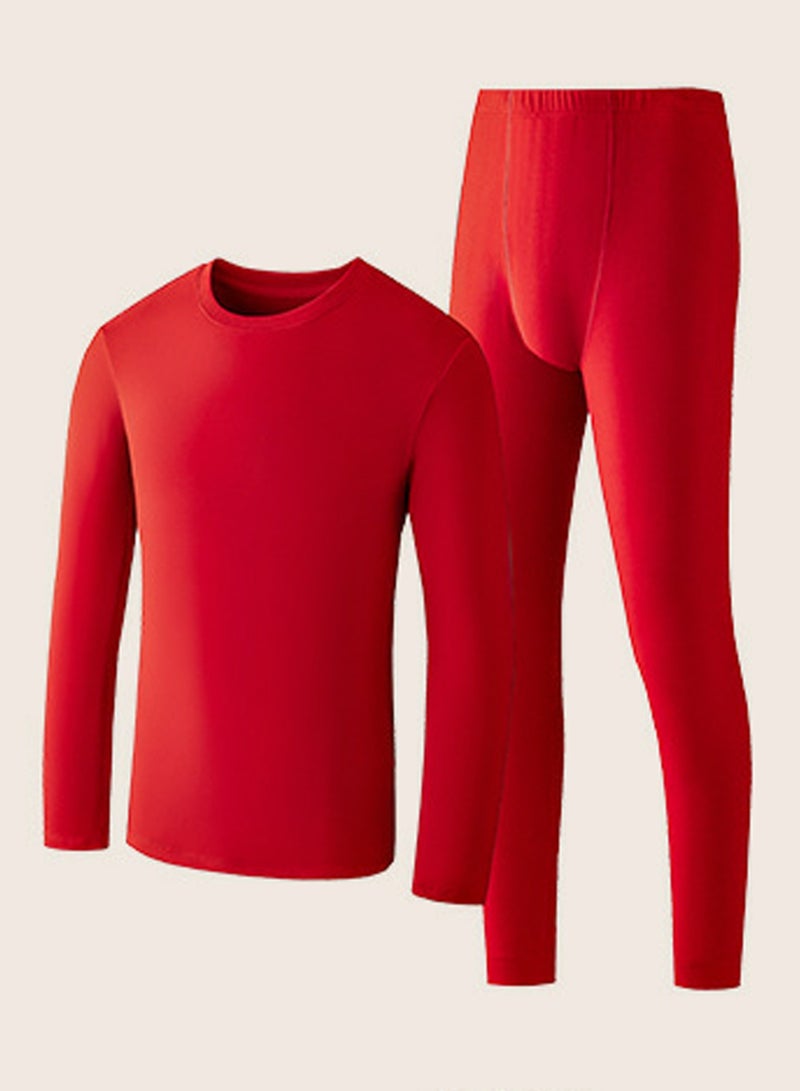 Mens Solid Color Skin Friendly Thick Long Johns Fleese And Thermal Underwear Set, 2 Piece Cold Weather Base Layer Set for Men Red