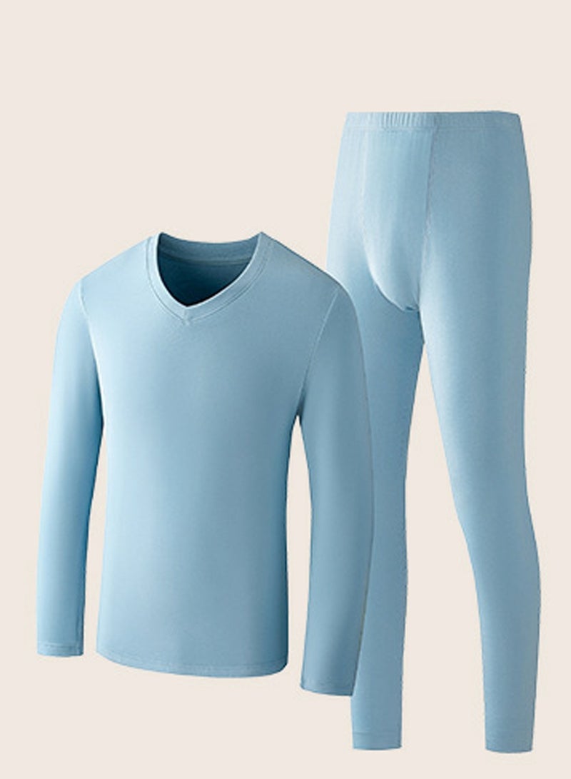 Mens Solid Color Skin Friendly Thick Long Johns Fleese And V-Neck Thermal Underwear Set, 2 Piece Cold Weather Base Layer Set for Men Blue