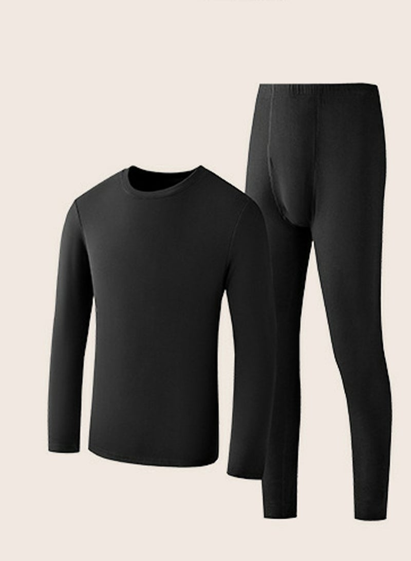 Mens Solid Color Skin Friendly Thick Long Johns Fleese And Thermal Underwear Set, 2 Piece Cold Weather Base Layer Set for Men Black