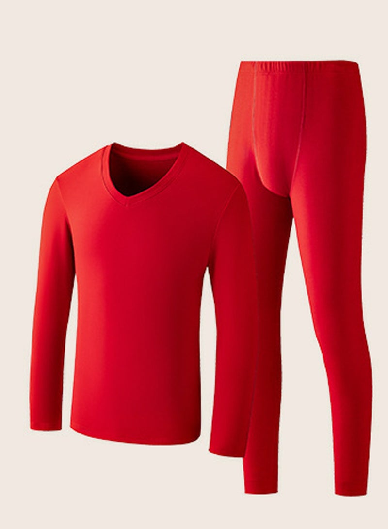 Mens Solid Color Skin Friendly Thick Long Johns Fleese And V-Neck Thermal Underwear Set, 2 Piece Cold Weather Base Layer Set for Men Red