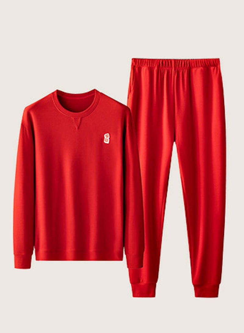 Mens Solid Color Long Johns Fleese And Thick Thermal Underwear Set, 2 Piece Cold Weather Base Layer Set for Men Red