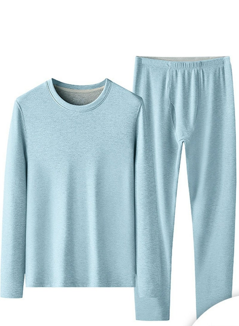 Mens Solid Color Large Size Crew-Neck Thick Thermal Underwear Shirt Cold Weather Base Layer,Long Sleeve T-Shirt Loungewear Blue