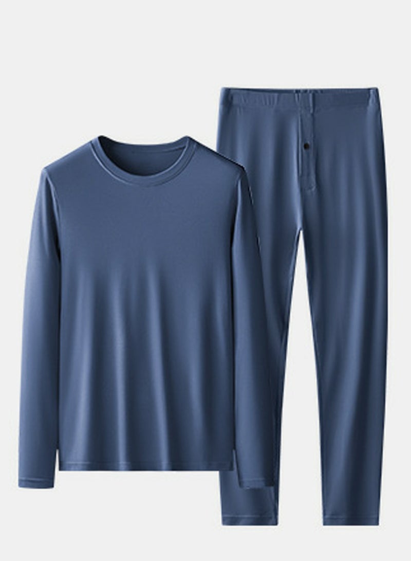 Mens Solid Color Thin Seamless Long Johns And Crew-Neck Thermal Underwear Set 2 Piece Base Layer Set for Men Navy Blue