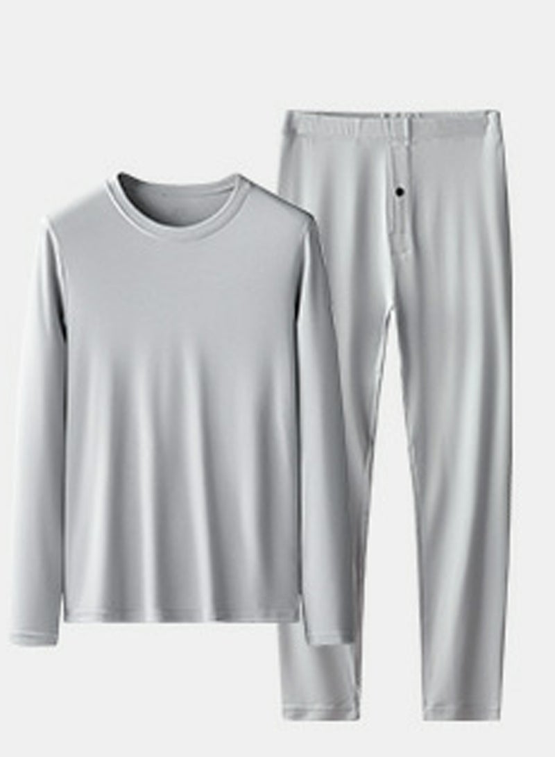 Mens Solid Color Thin Seamless Long Johns And Crew-Neck Thermal Underwear Set 2 Piece Base Layer Set for Men Light Grey