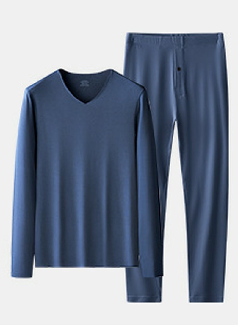 Mens Solid Color Thin Seamless Long Johns And V-Neck Thermal Underwear Set 2 Piece Base Layer Set for Men Navy Blue