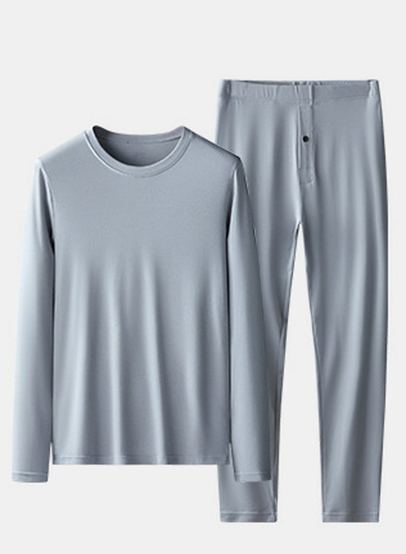 Mens Solid Color Thin Seamless Long Johns And Crew-Neck Thermal Underwear Set 2 Piece Base Layer Set for Men Greyish Blue