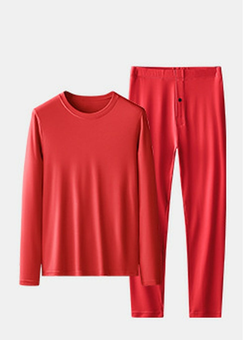 Mens Solid Color Thin Seamless Long Johns And Crew-Neck Thermal Underwear Set 2 Piece Base Layer Set for Men Red