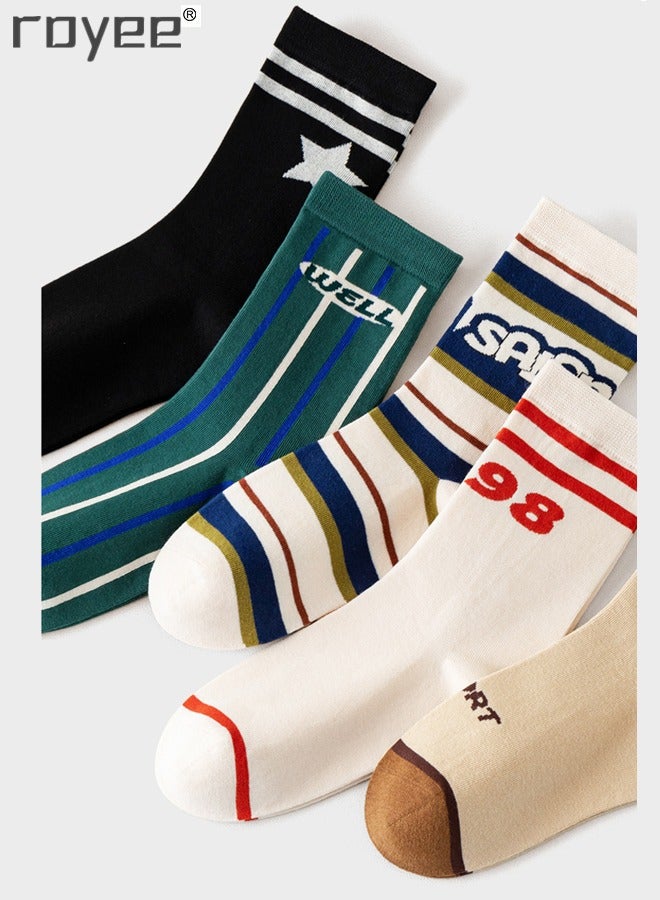 5 Pairs of Men's Mid Length Cotton Socks, Vintage Maillard Sports Stockings, Suitable for All Seasons