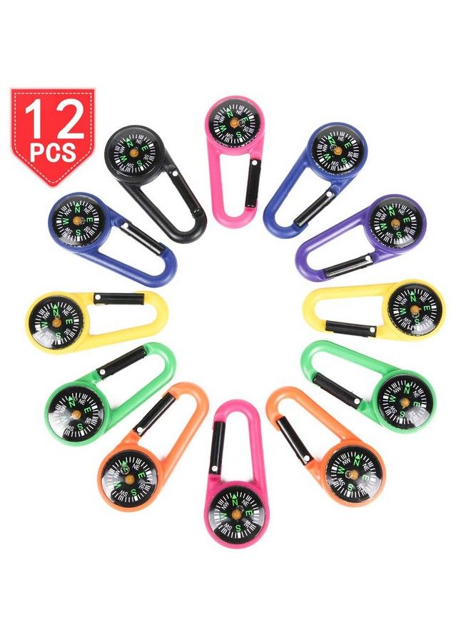 12 Pack Carabiner Compasses For Kids Assorted Colors Belt Clips School Prizes Party Favors