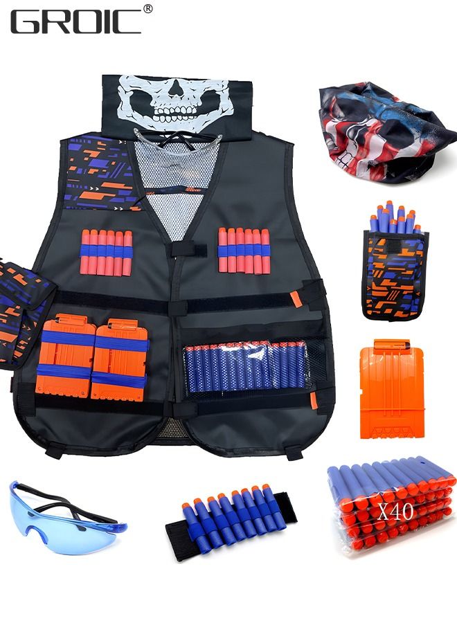 Kids Tactical Vest Kit for Nerf Gun N-Strike Elite Series, Vest for Nerf Series with Refill Darts, Dart Pouch, Reload Clip, Tactical Mask, Wrist Band and Protective Glasses,Tactical vest suit