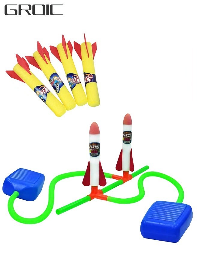 Rocket Launcher Toy Stunt Planes Rocket Launcher for Kids, Soars 100 Feet, Unique Tricks and Adjustable Launcher Stand Includes 6 Air Powered Foam Rockets, Outdoor Toy and Gift for Kids