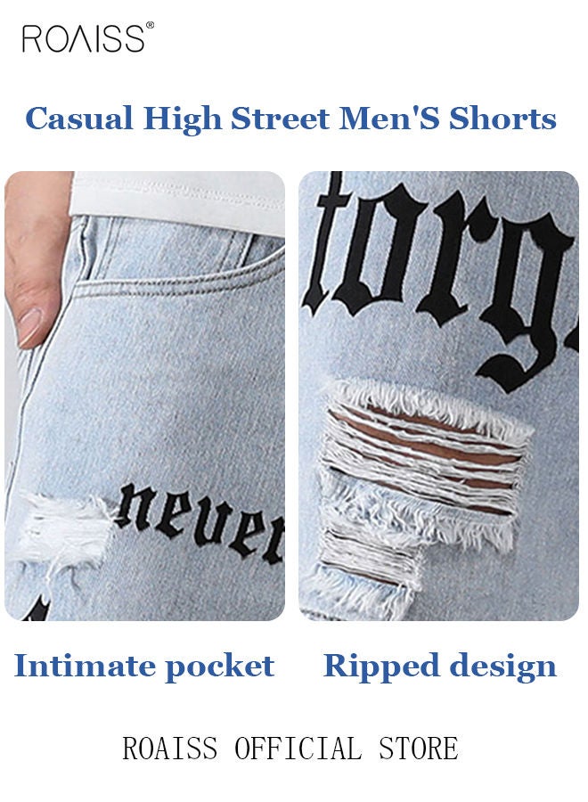 Men's Broken Jean Shorts Casual Distressed Slim Fit Jeans Short Pants Summer Knee Lenght Ripped Moto Bike Jeans Men Ripped Frayed Cat Scratch Loose Jeans