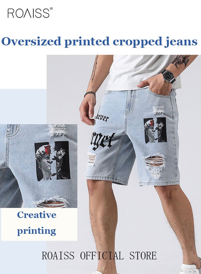 Men's Broken Jean Shorts Casual Distressed Slim Fit Jeans Short Pants Summer Knee Lenght Ripped Moto Bike Jeans Men Ripped Frayed Cat Scratch Loose Jeans