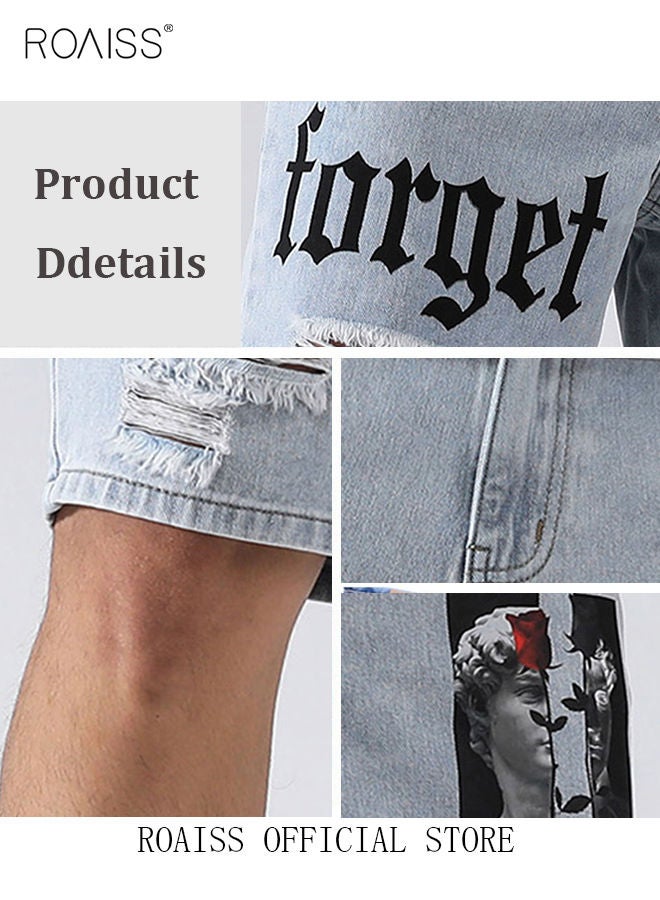 Men's Broken Jean Shorts Casual Distressed Slim Fit Jeans Short Pants Summer Knee Lenght Ripped Moto Bike Jeans Men Ripped Frayed Cat Scratch Loose Jeans