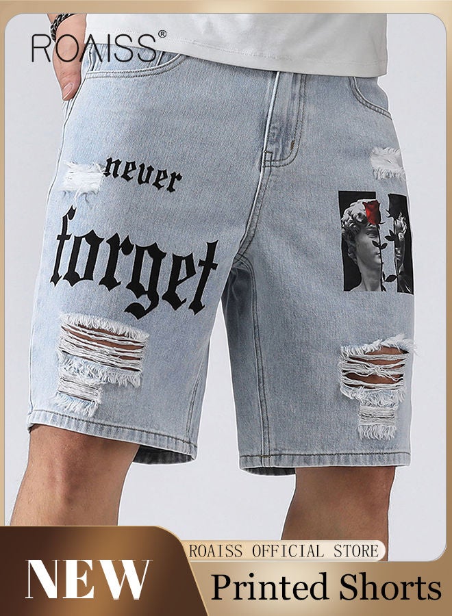 Men's Broken Jean Shorts Casual Distressed Slim Fit Jeans Short Pants Summer Knee Lenght Ripped Moto Bike Jeans Men Ripped Frayed Cat Scratch Loose Jeans