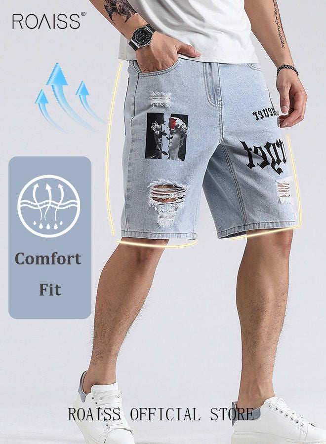 Men's Broken Jean Shorts Casual Distressed Slim Fit Jeans Short Pants Summer Knee Lenght Ripped Moto Bike Jeans Men Ripped Frayed Cat Scratch Loose Jeans