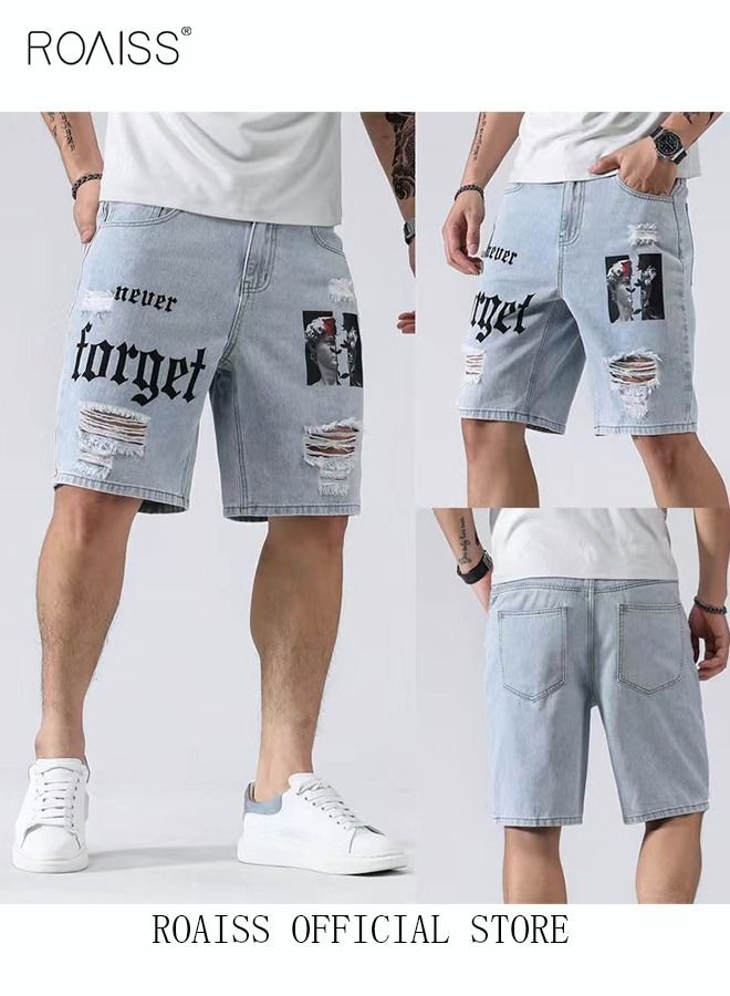 Men's Broken Jean Shorts Casual Distressed Slim Fit Jeans Short Pants Summer Knee Lenght Ripped Moto Bike Jeans Men Ripped Frayed Cat Scratch Loose Jeans