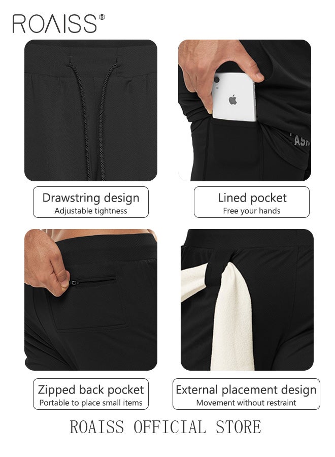 Men Functional Sports Fitness Pants Double Layer Skin Friendly Fabric Breathable Wear Resistant Quick Drying Material Training Pants Lined with Pockets