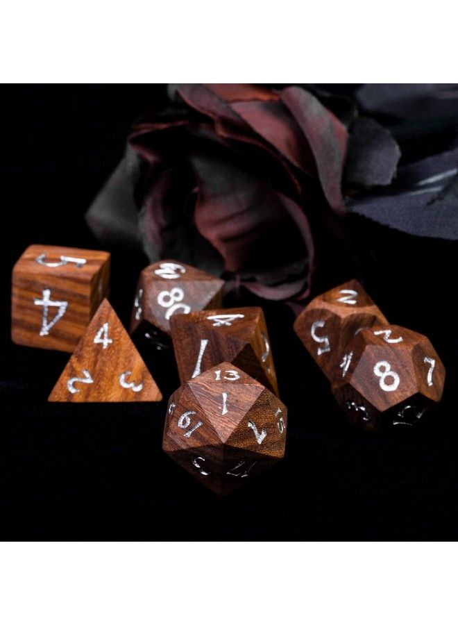 7Pcs Polyhedral Dice Set D&D Dnd Wood Dice With Iron Box Rpg Dice Made With Wood For Mtg Dungeons And Dragons Role Playing Games(Coralwood)