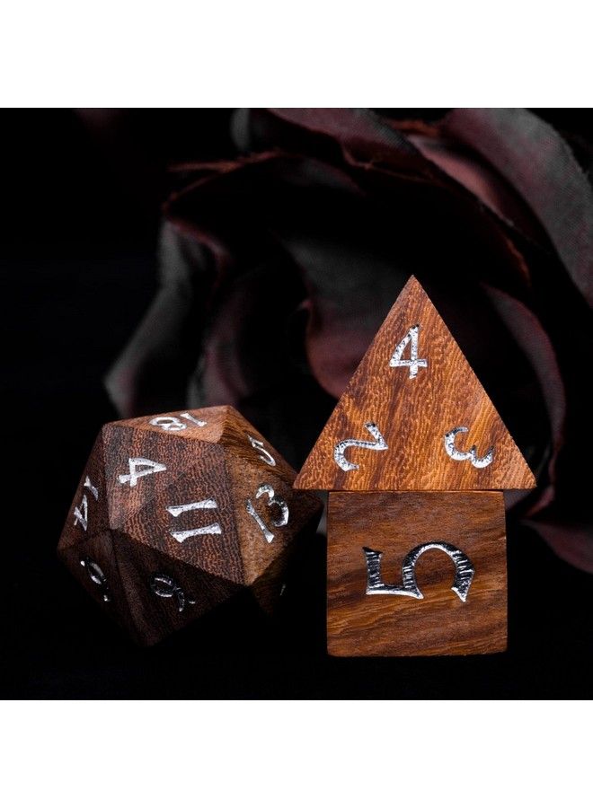 7Pcs Polyhedral Dice Set D&D Dnd Wood Dice With Iron Box Rpg Dice Made With Wood For Mtg Dungeons And Dragons Role Playing Games(Coralwood)