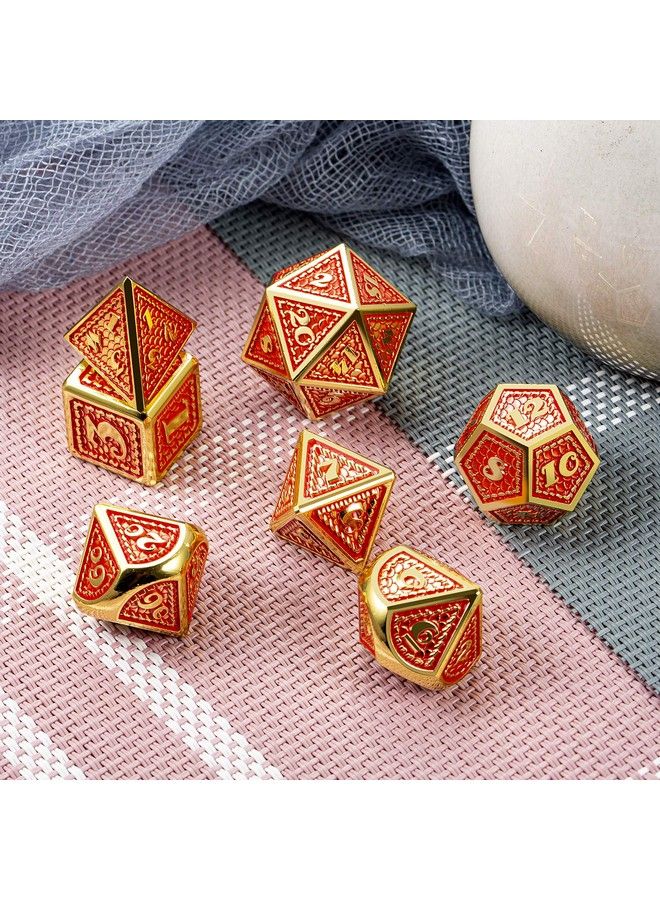 Metal Gaming Dice 7 Pcs Red Dragon Scale Metallic Dnd Die With Velvet Pouch For Dungeons & Dragon D&D Game (Red With Gold Edge)