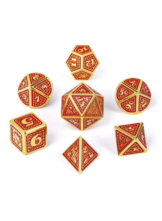 Metal Gaming Dice 7 Pcs Red Dragon Scale Metallic Dnd Die With Velvet Pouch For Dungeons & Dragon D&D Game (Red With Gold Edge)