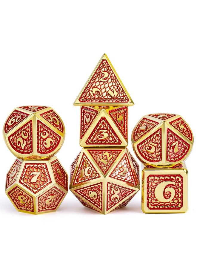 Metal Gaming Dice 7 Pcs Red Dragon Scale Metallic Dnd Die With Velvet Pouch For Dungeons & Dragon D&D Game (Red With Gold Edge)