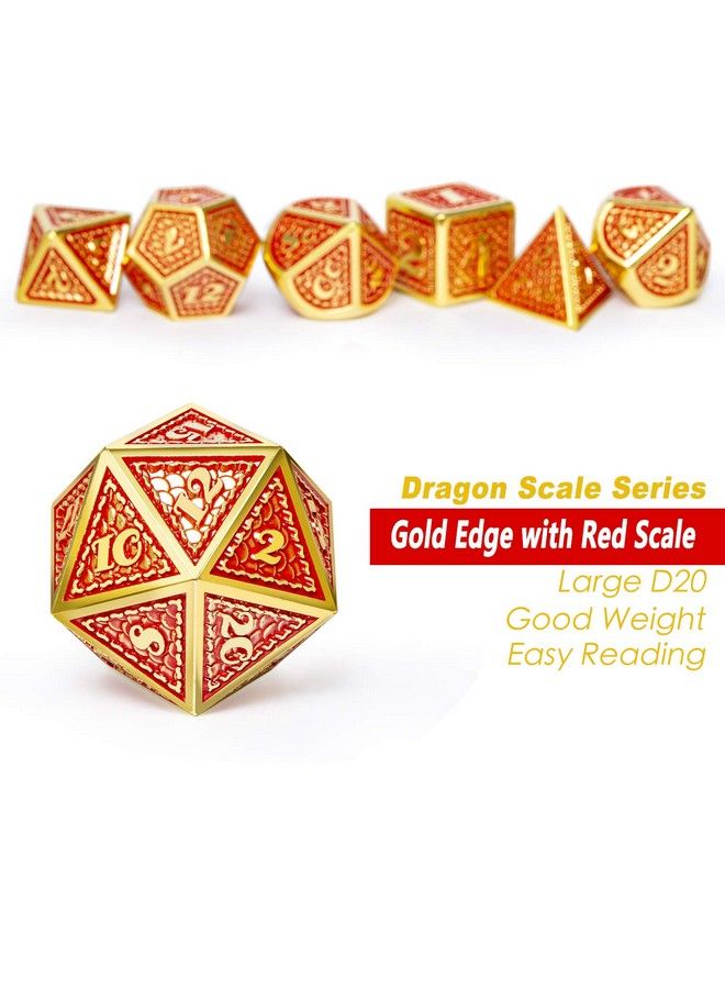 Metal Gaming Dice 7 Pcs Red Dragon Scale Metallic Dnd Die With Velvet Pouch For Dungeons & Dragon D&D Game (Red With Gold Edge)