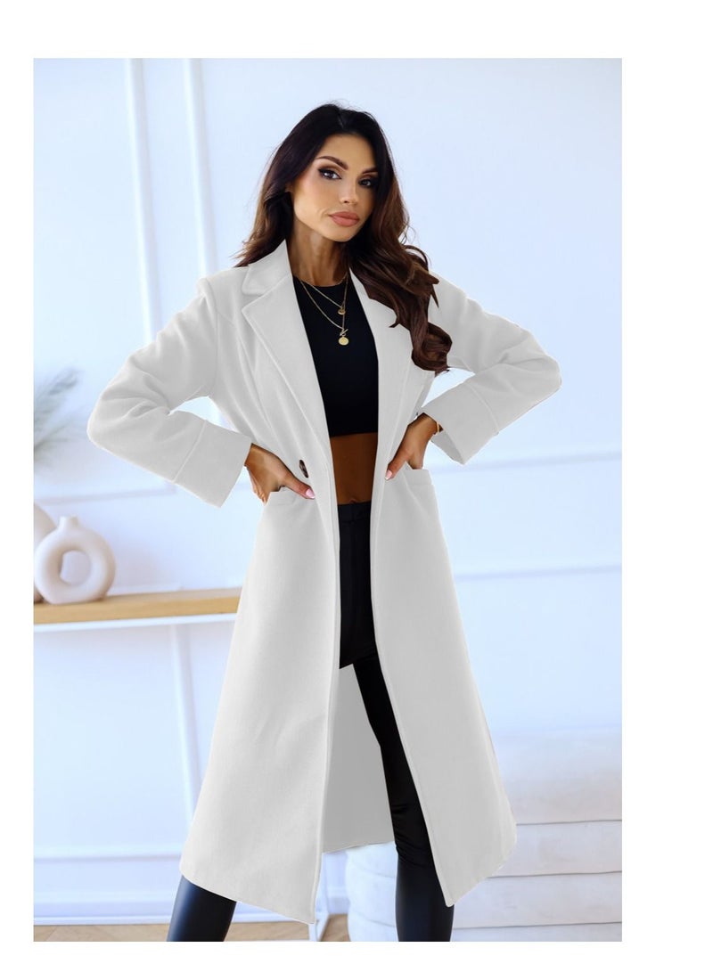 New Women's Fashion Simple Long Sleeve Lapel Button Wool Overcoat