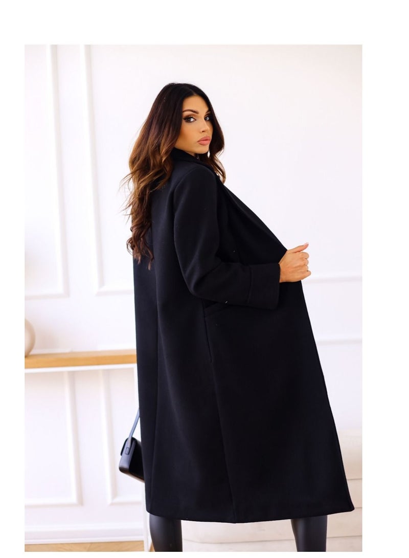 New Women's Fashion Simple Long Sleeve Lapel Button Wool Overcoat