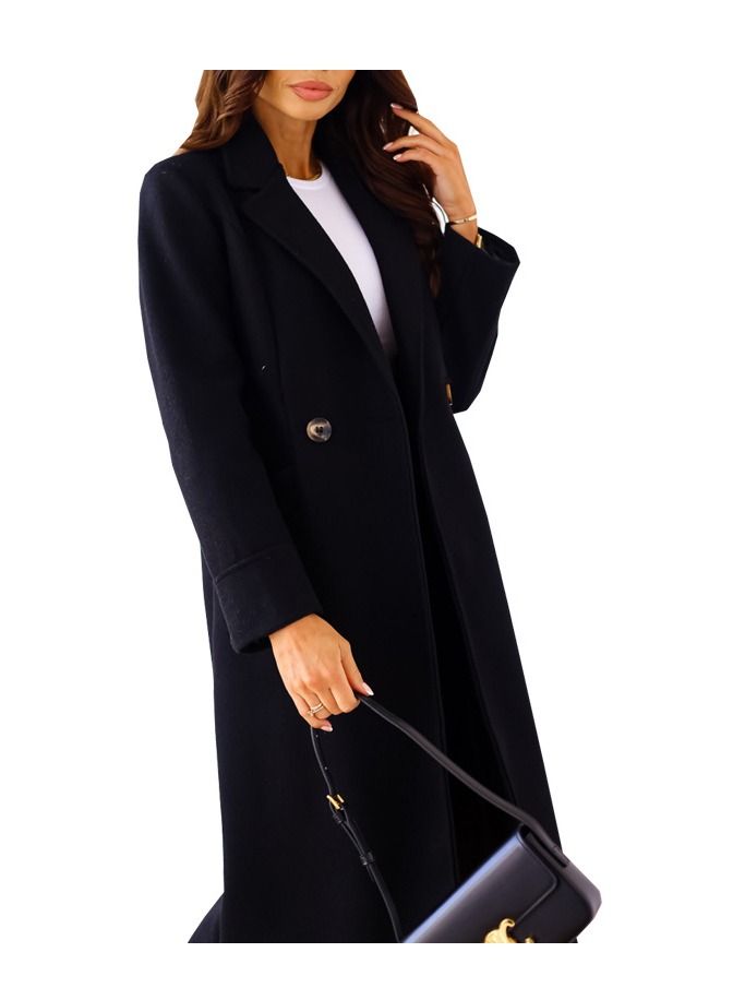 New Women's Fashion Simple Long Sleeve Lapel Button Wool Overcoat