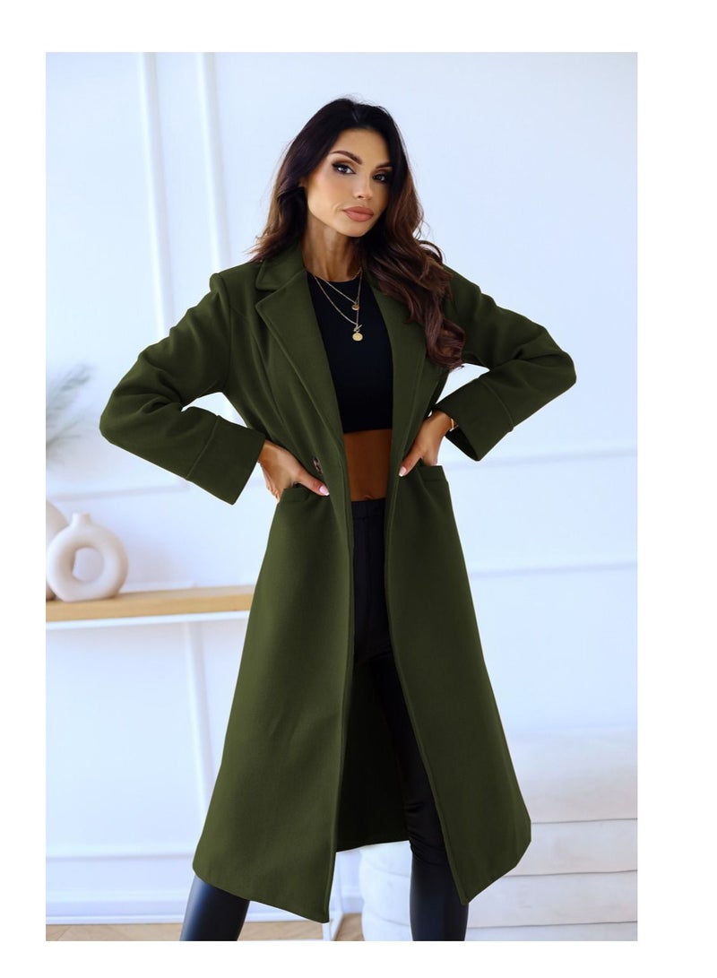 New Women's Fashion Simple Long Sleeve Lapel Button Wool Overcoat