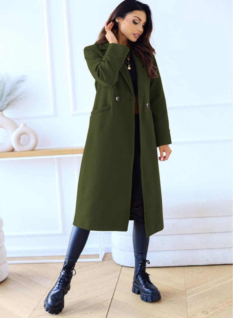 New Women's Fashion Simple Long Sleeve Lapel Button Wool Overcoat