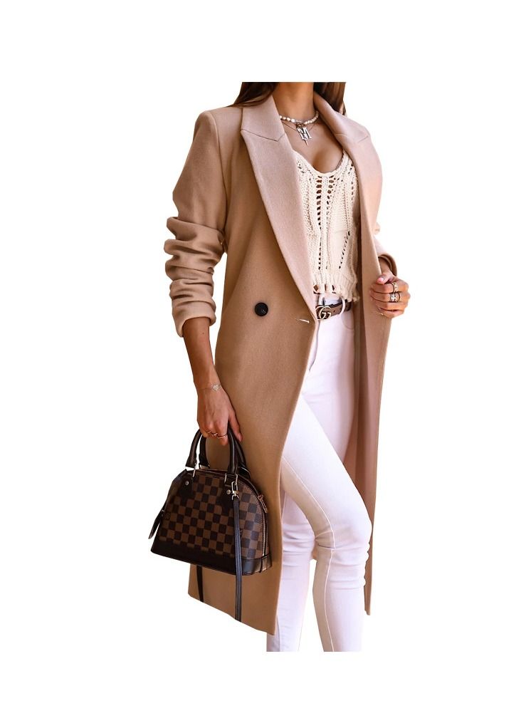 New Women's Fashion Simple Long Sleeve Lapel Button Wool Overcoat