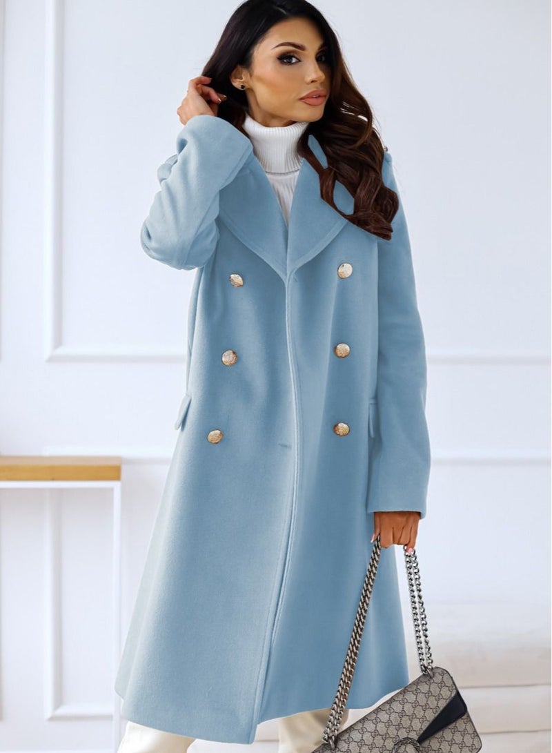 New Women's Fashion Simple Long Sleeve Lapel Button Wool Overcoat