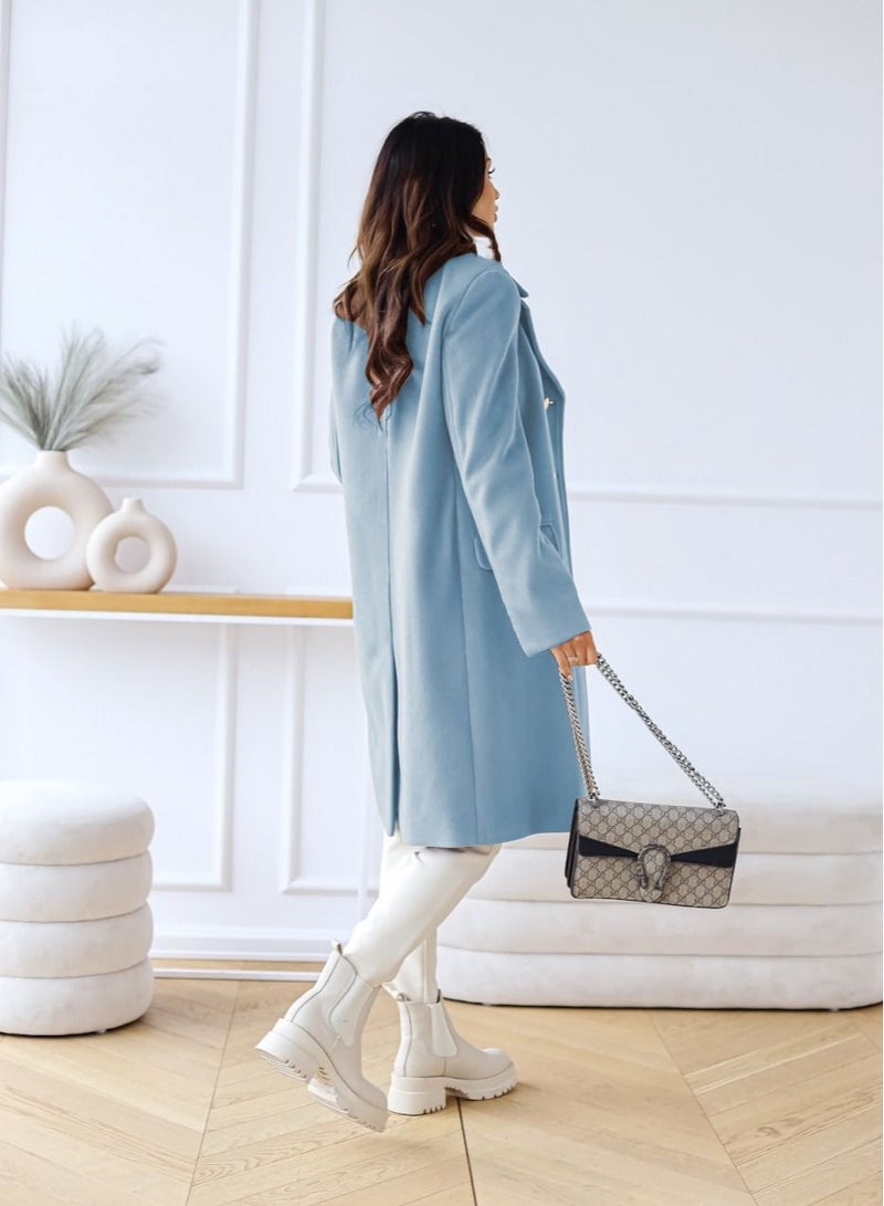 New Women's Fashion Simple Long Sleeve Lapel Button Wool Overcoat