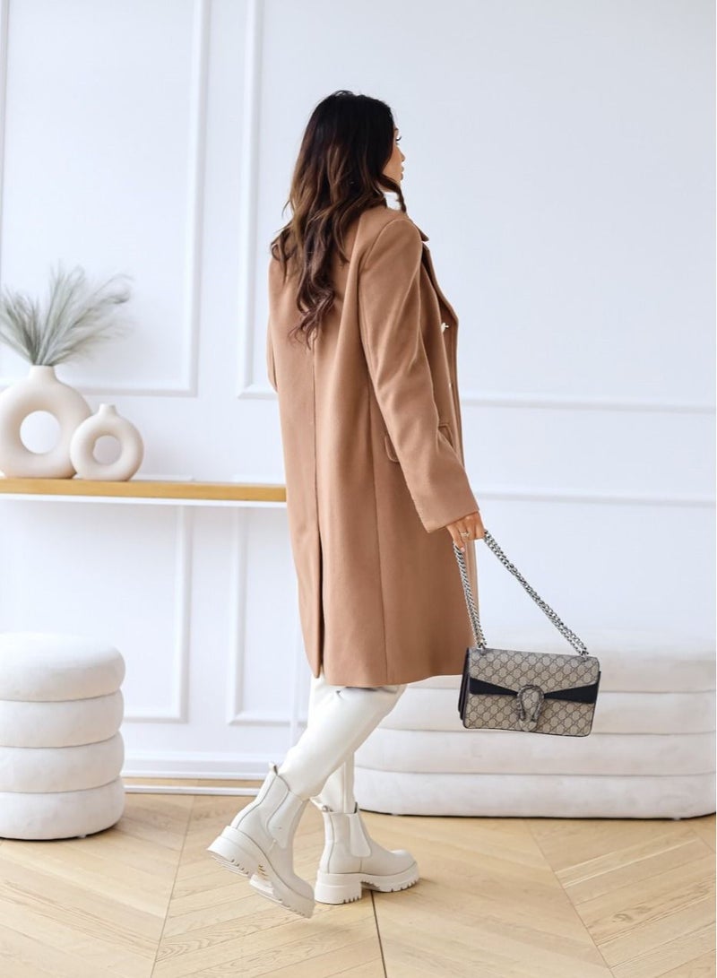 New Women's Fashion Simple Long Sleeve Lapel Button Wool Overcoat