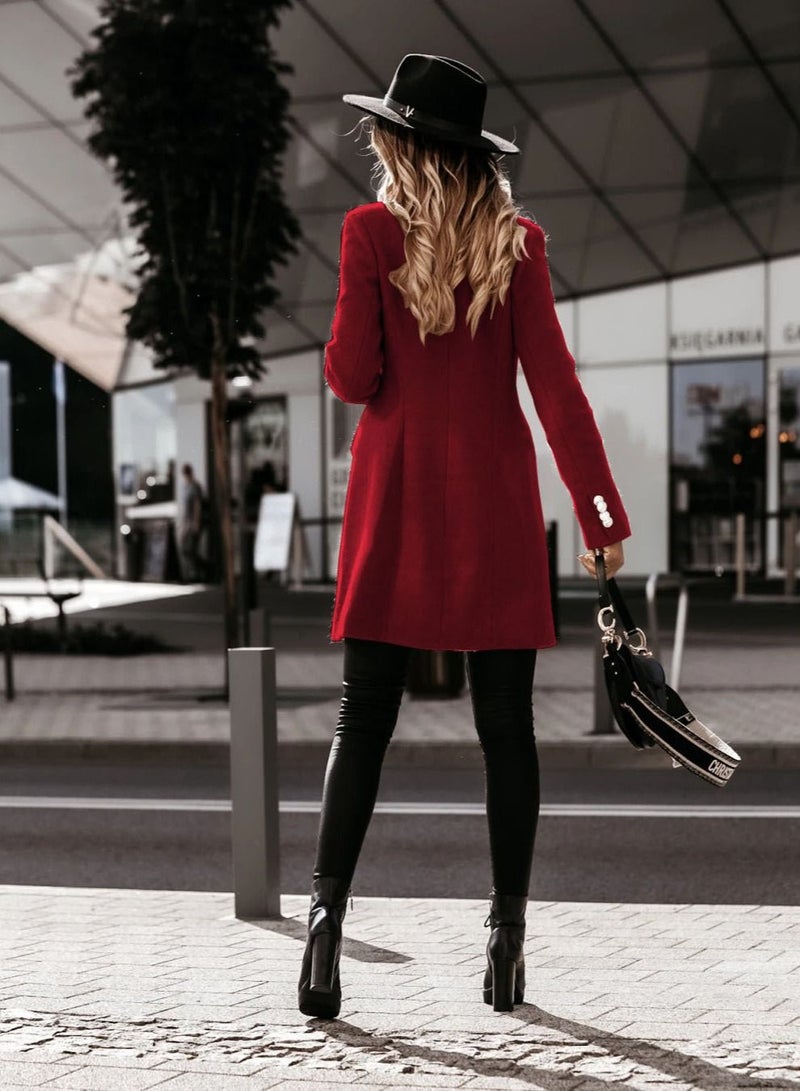 New Women's Fashion Simple Long Sleeve Lapel Button Wool Overcoat