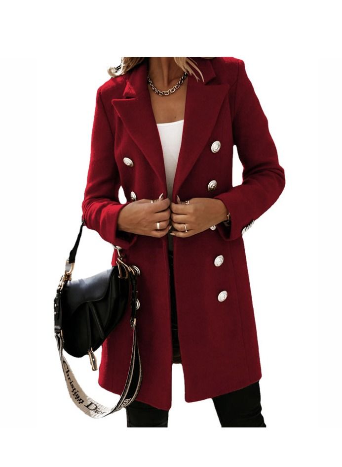 New Women's Fashion Simple Long Sleeve Lapel Button Wool Overcoat