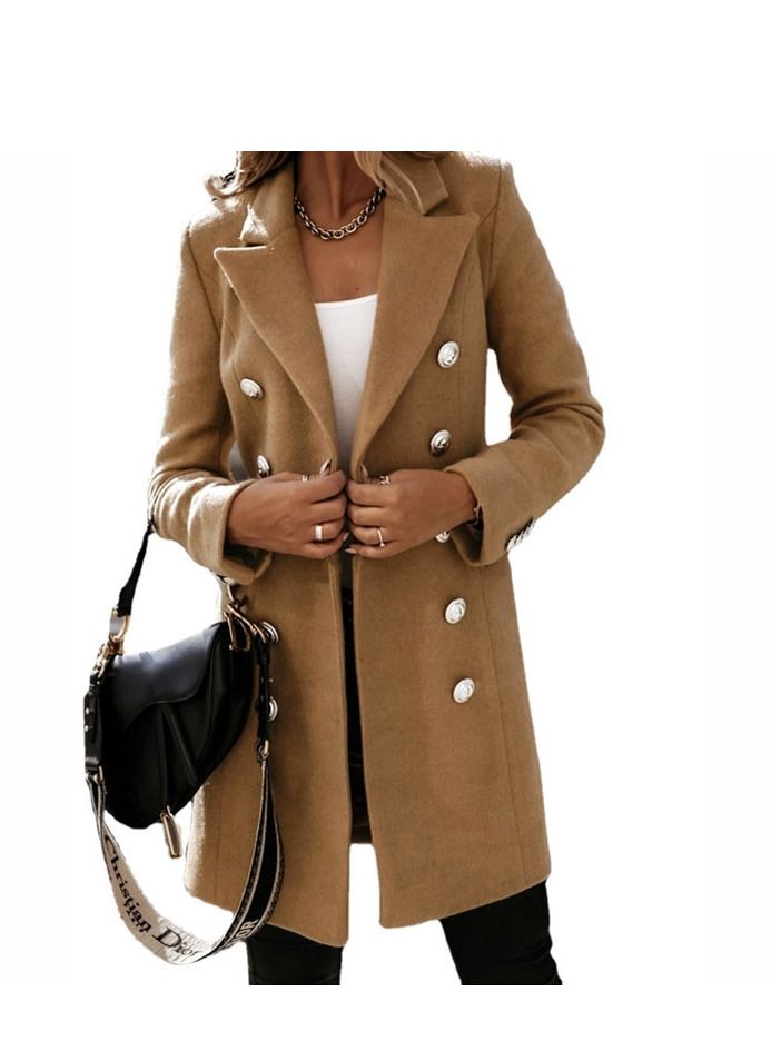 New Women's Fashion Simple Long Sleeve Lapel Button Wool Overcoat