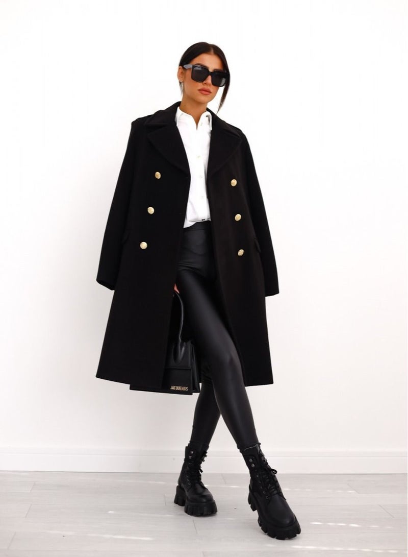 New Women's Fashion Simple Long Sleeve Lapel Button Wool Overcoat