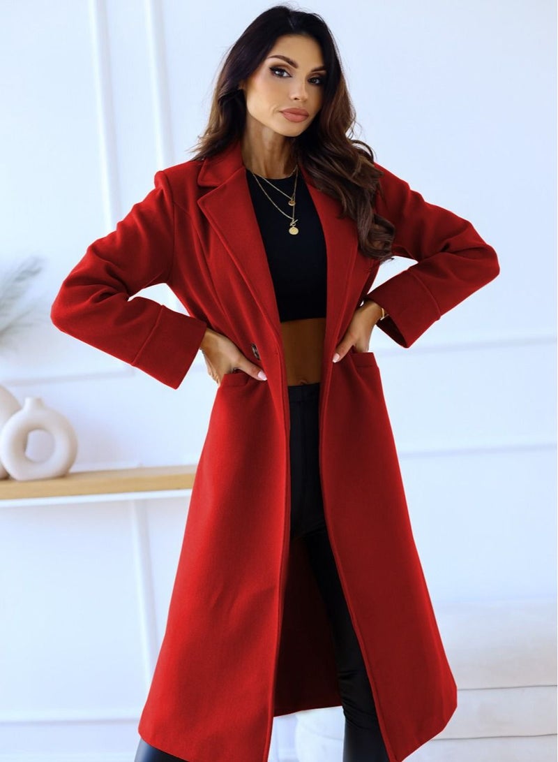 New Women's Fashion Simple Long Sleeve Lapel Button Wool Overcoat