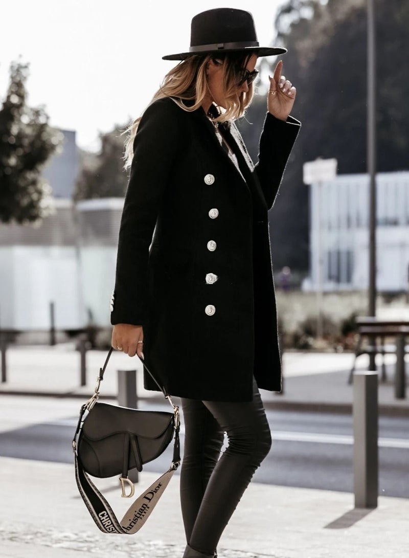 New Women's Fashion Simple Long Sleeve Lapel Button Wool Overcoat
