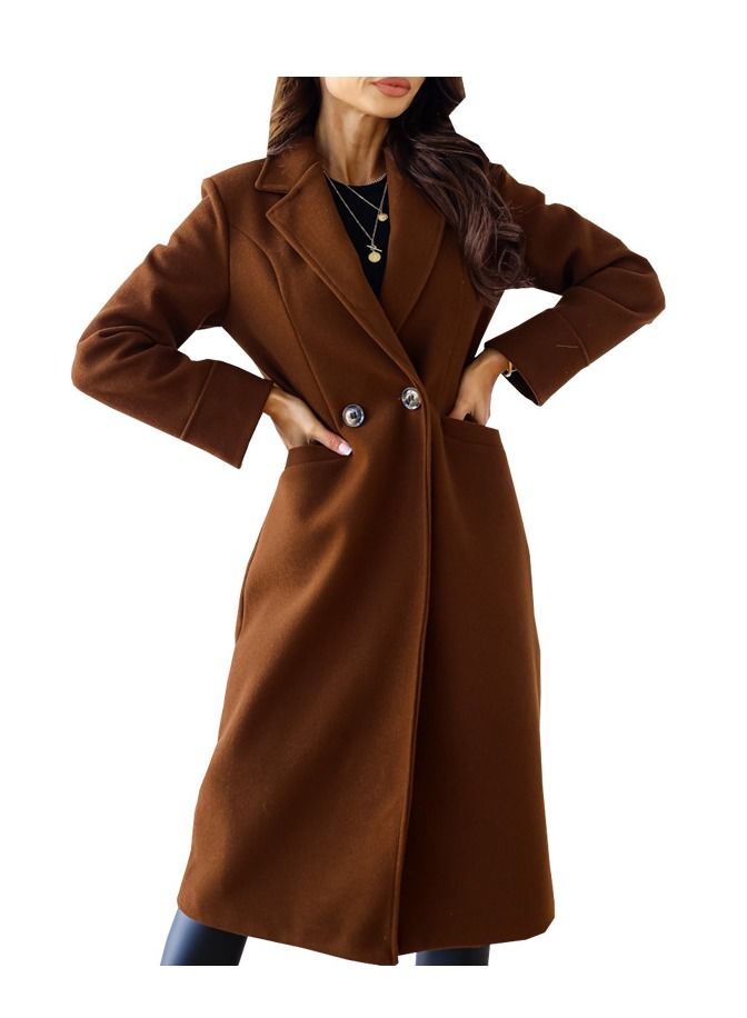 New Women's Fashion Simple Long Sleeve Lapel Button Wool Overcoat