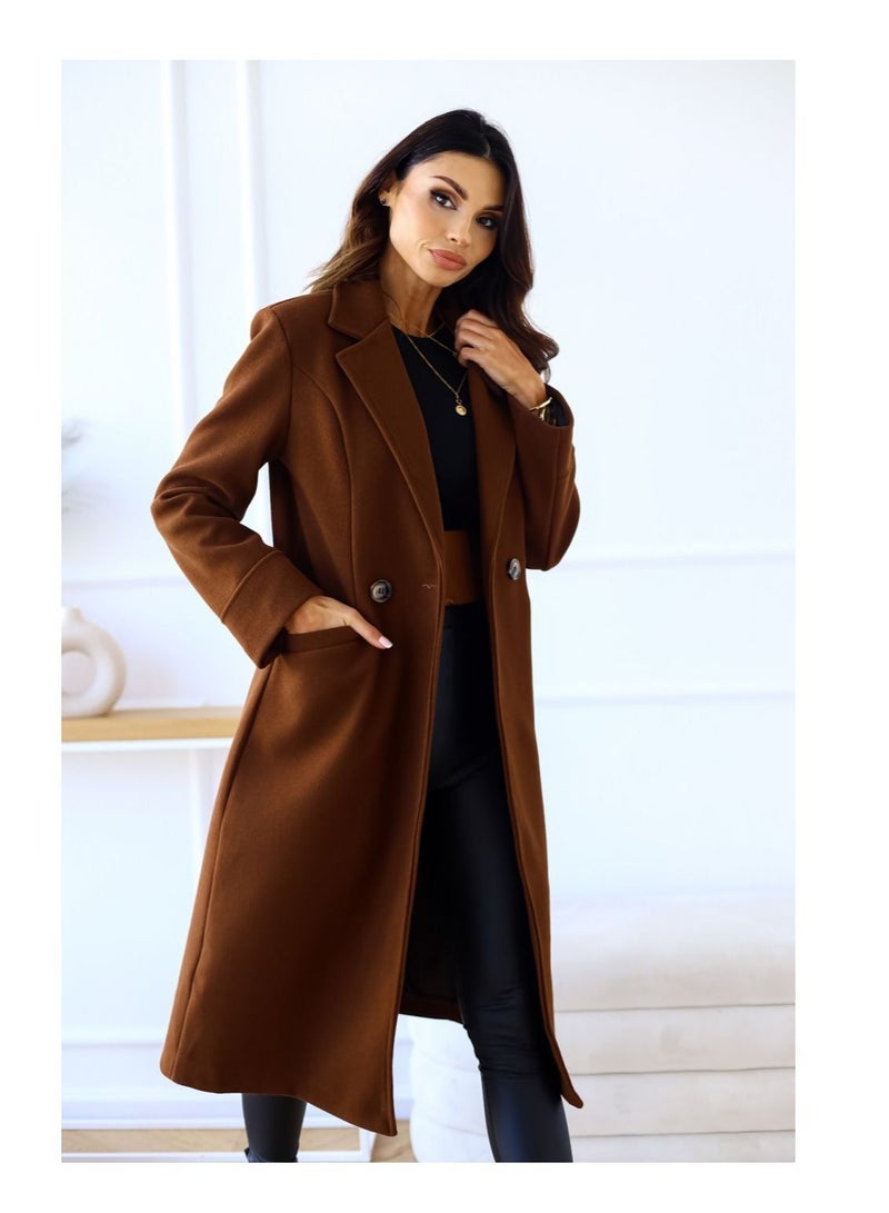 New Women's Fashion Simple Long Sleeve Lapel Button Wool Overcoat