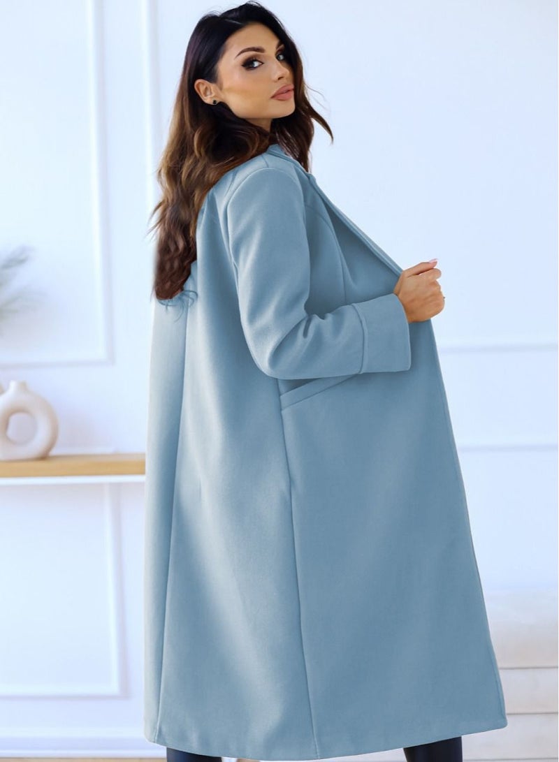 New Women's Fashion Simple Long Sleeve Lapel Button Wool Overcoat