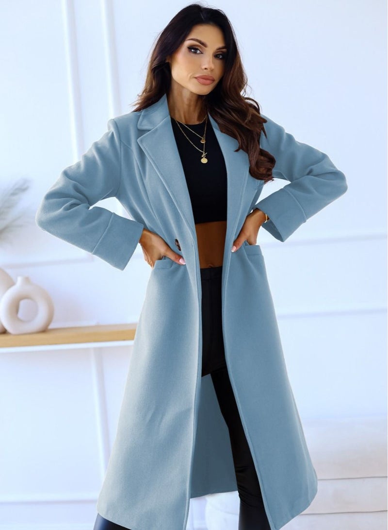 New Women's Fashion Simple Long Sleeve Lapel Button Wool Overcoat