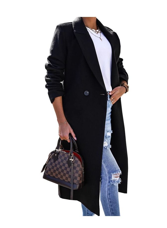 New Women's Fashion Simple Long Sleeve Lapel Button Wool Overcoat